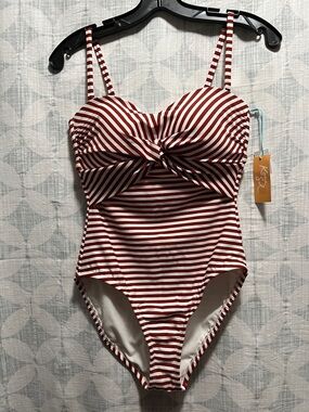 NWT Kona Sol Brown & White Stripe Twist-Front One-Piece Swimsuit Sz Small